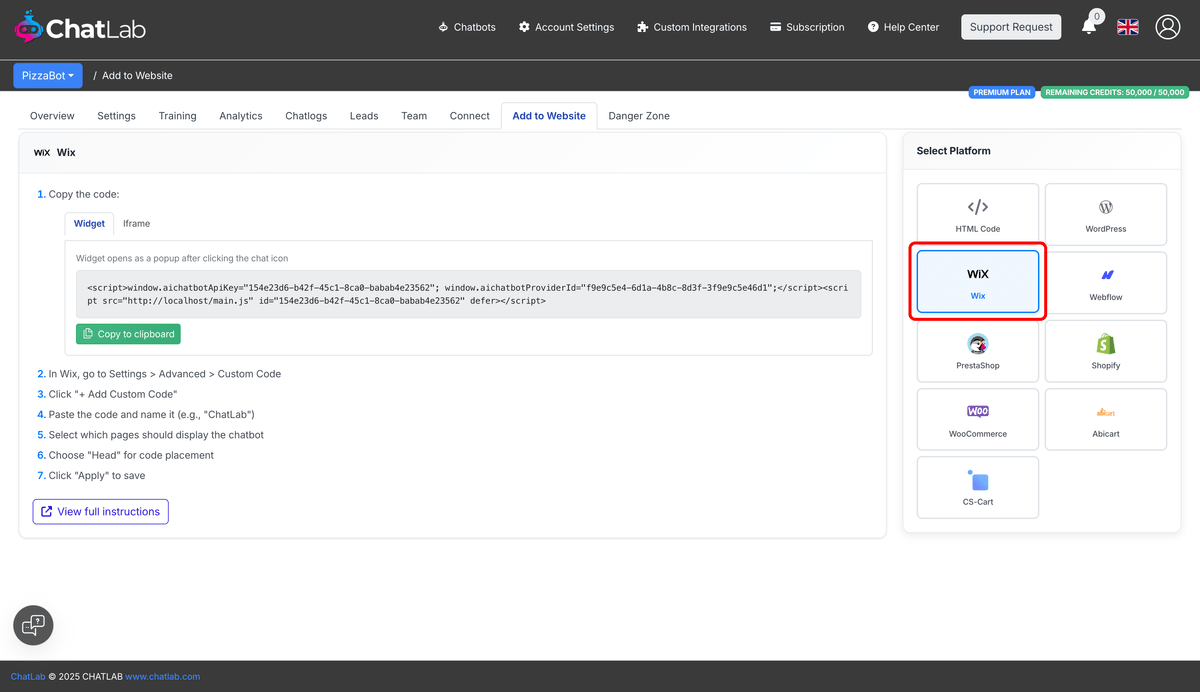 Add to Website tab with Wix platform selected showing code and instructions