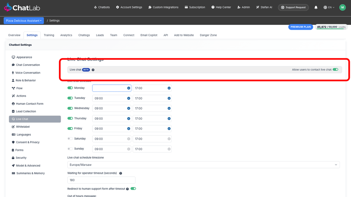 Enable live chat toggle