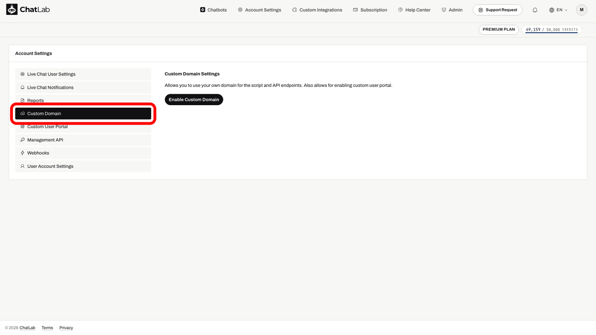 Account Settings with Custom Domain tab highlighted