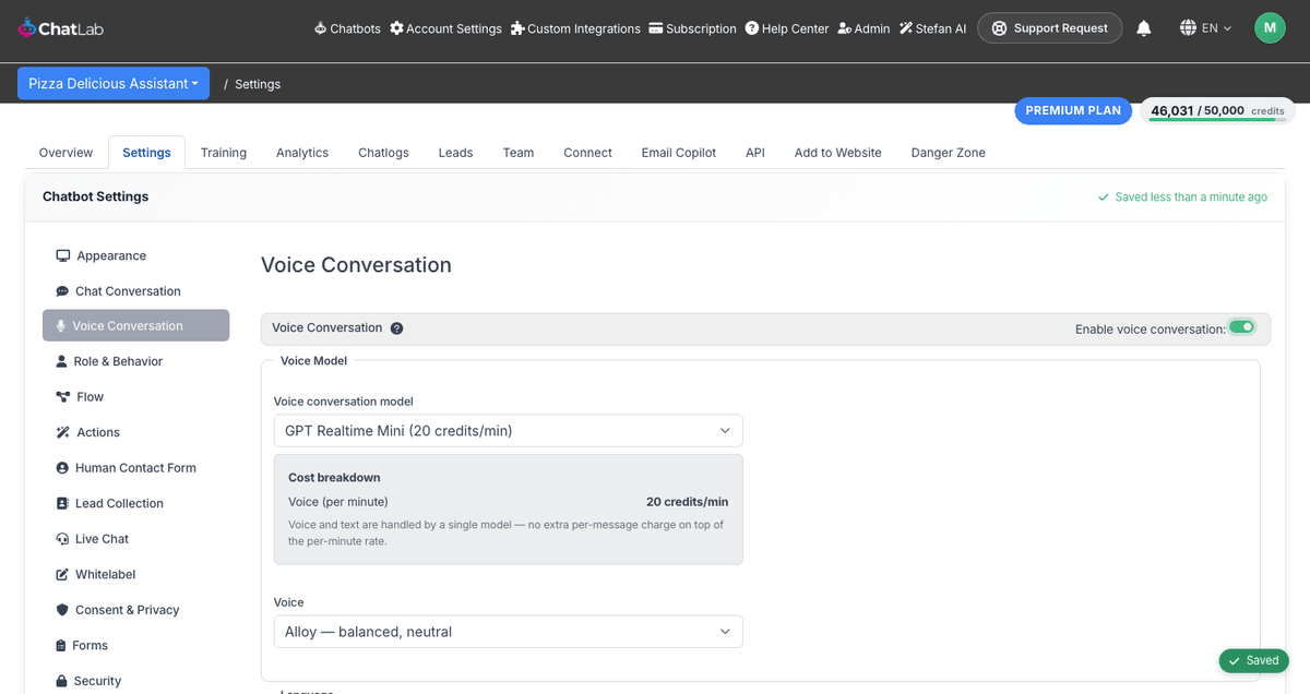 Voice conversation settings with model selection