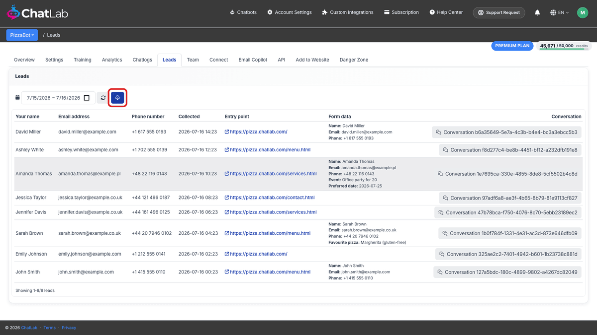 Leads tab with collected leads and the CSV download button highlighted