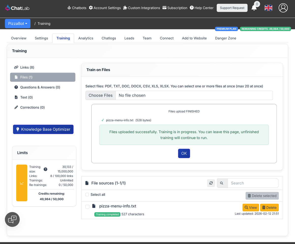 Upload success message