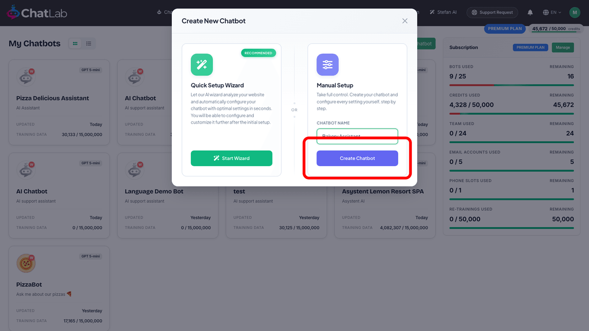 Manual Setup - enter a chatbot name