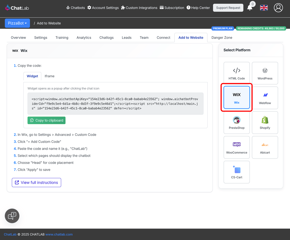 Add to Website tab with Wix selected