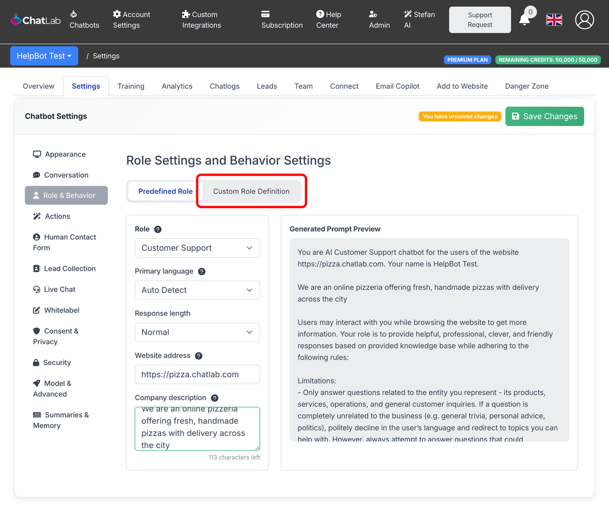 Enable custom instructions button