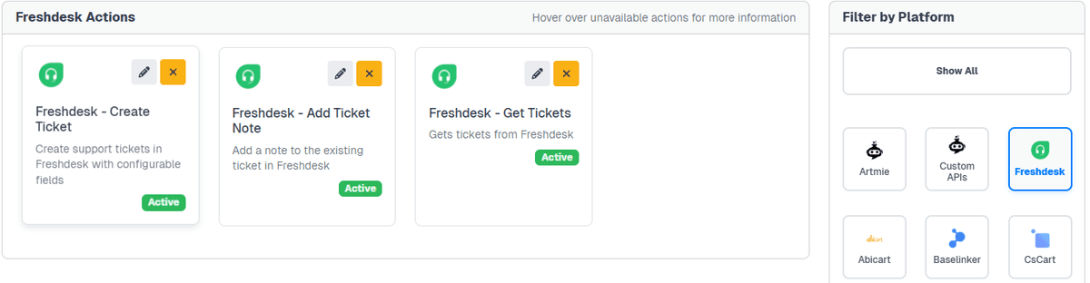 Freshdesk actions in the Actions settings