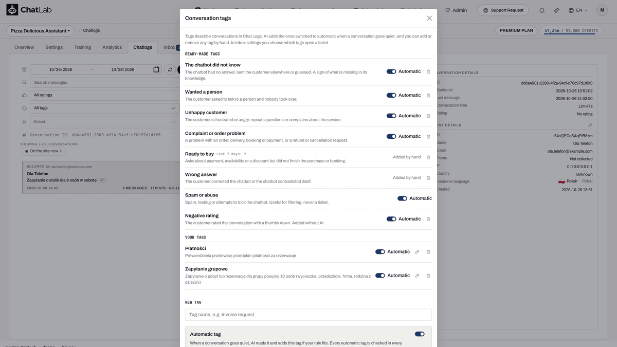 Conversation tags catalog with ready-made tags and your tags