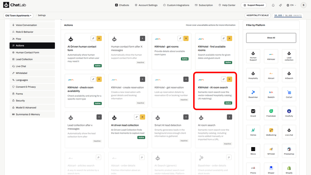 Settings > Actions se zvýrazněnou akcí AI room search