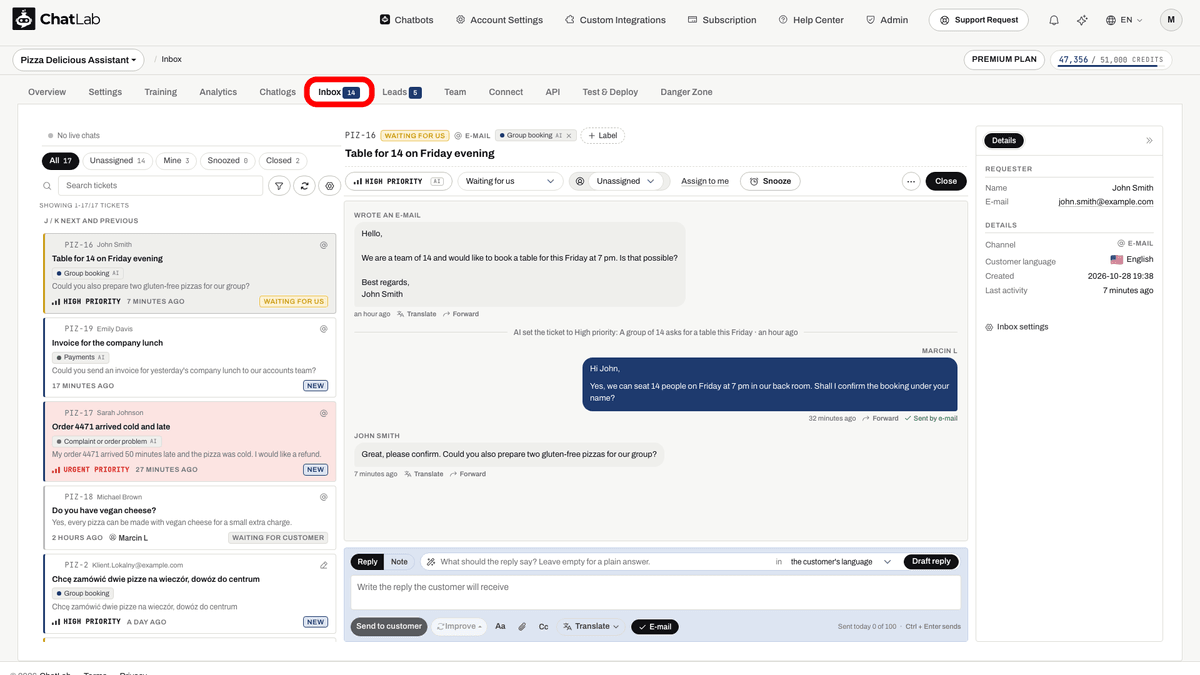 Inbox tab in the chatbot navigation