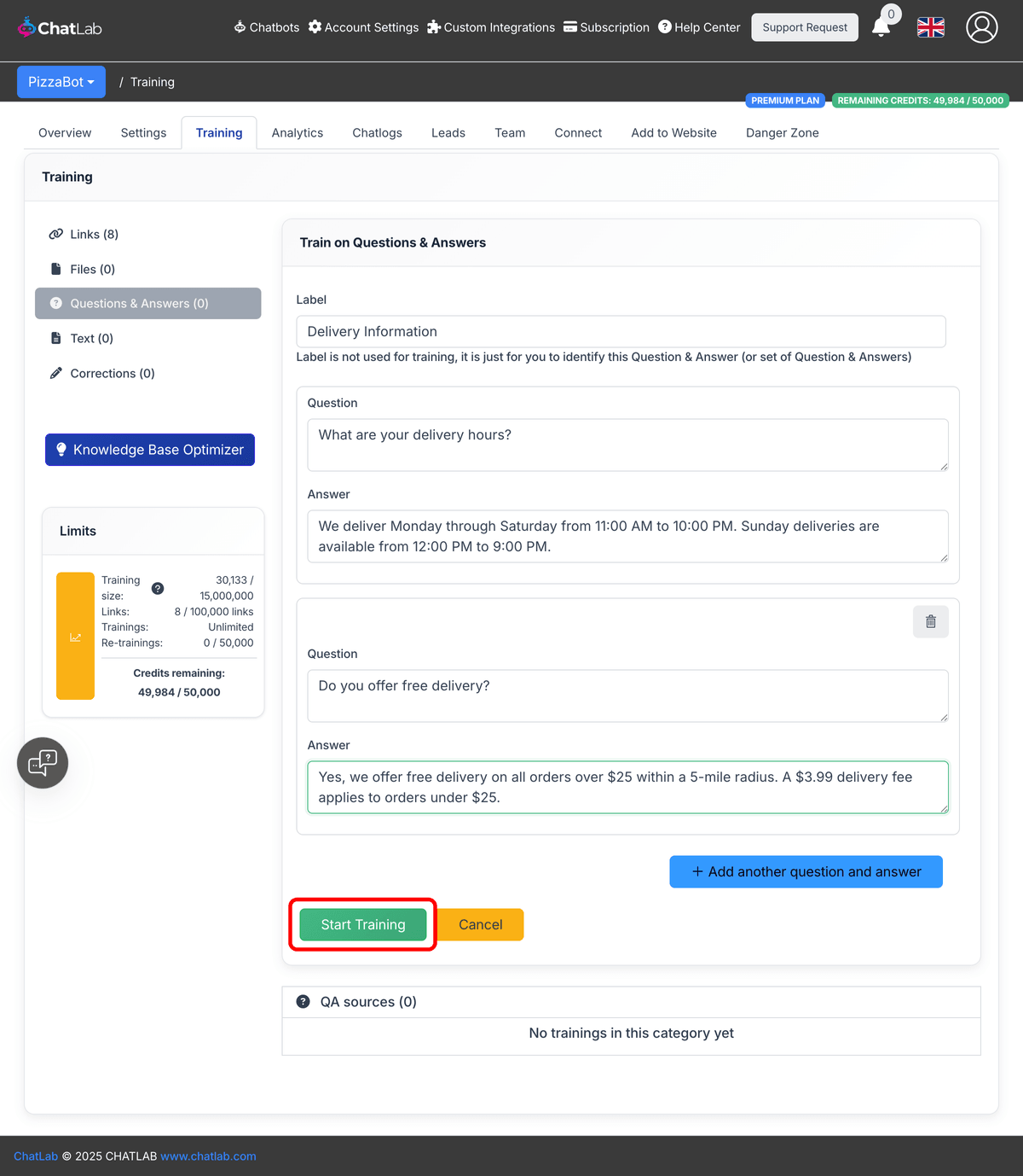 Q&A form filled with sample data and the Start Training button highlighted
