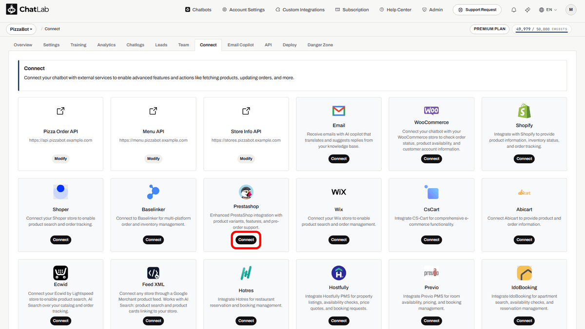 Connect tab with the Connect button on the Prestashop tile highlighted