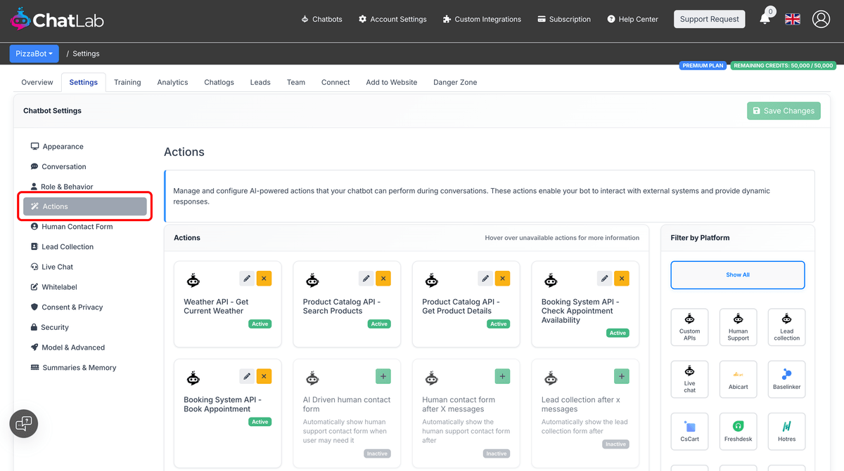 Actions page in Settings showing platform filters