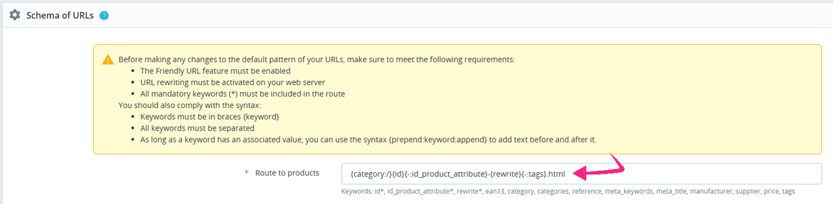 Schema of URLs section showing the Route to products field