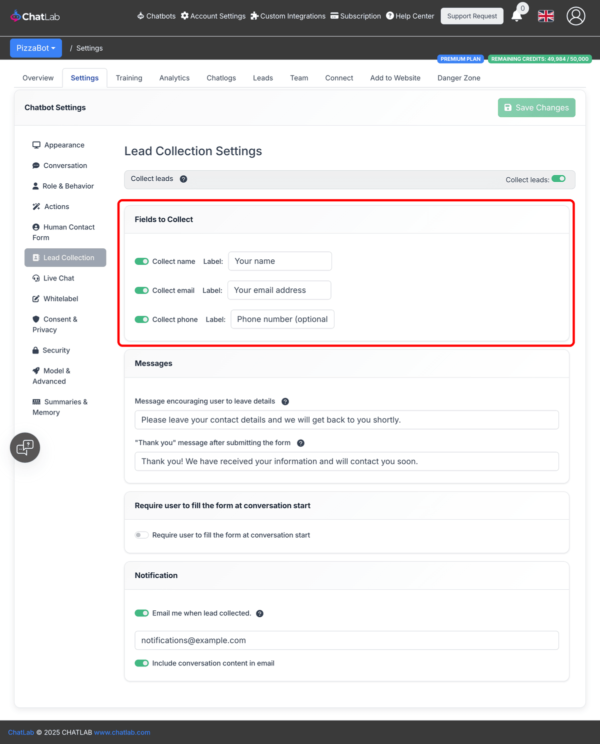Fields to Collect section