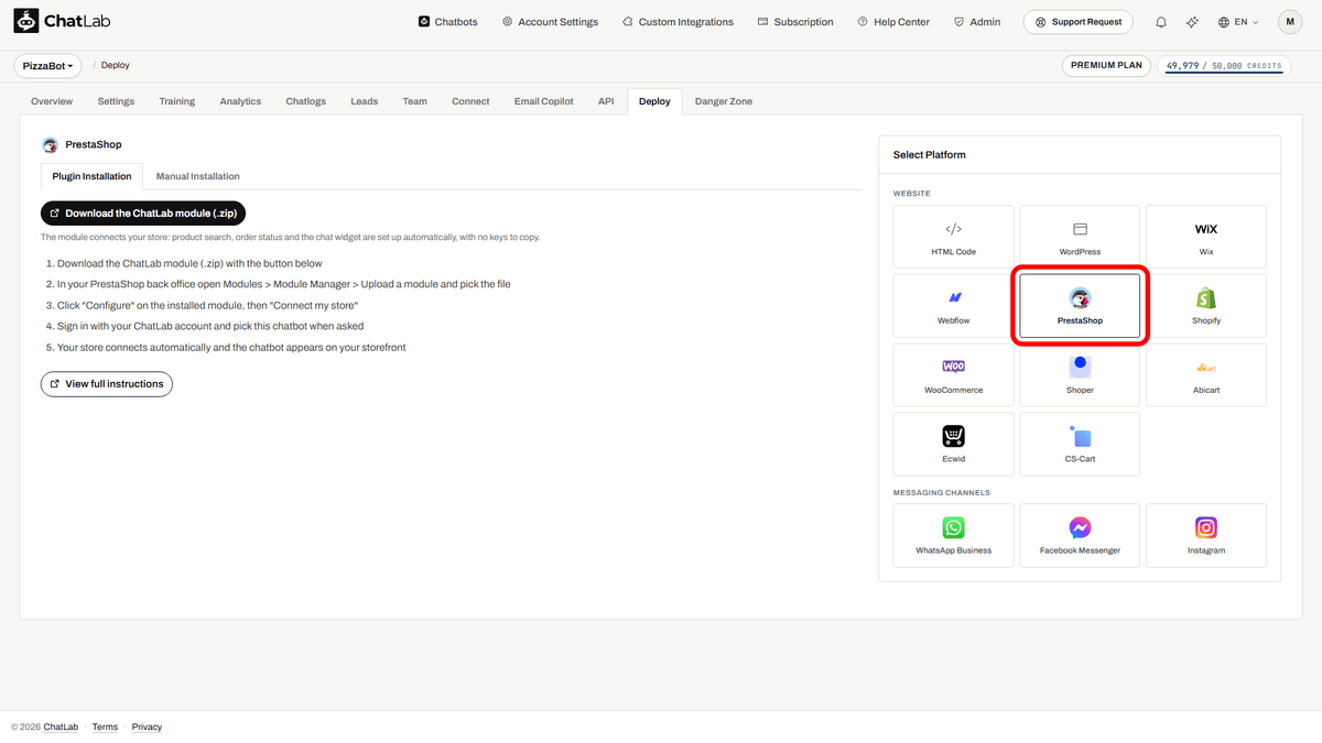 PrestaShop selected in the platform panel