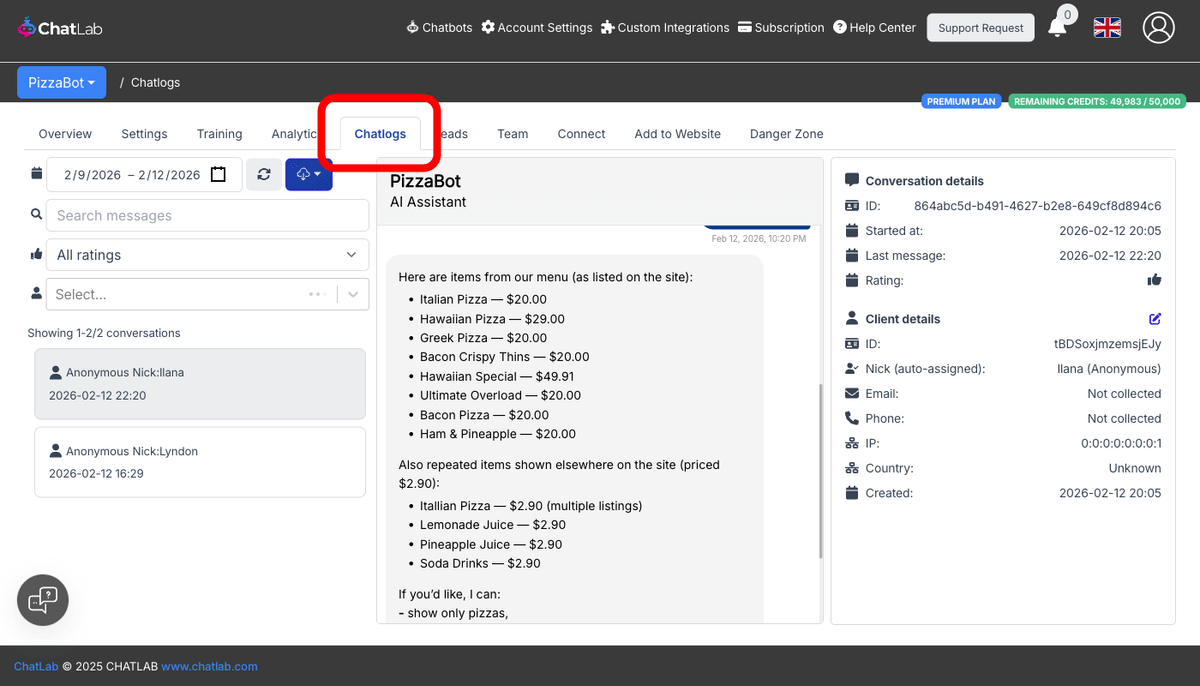 Chatlogs tab highlighted in the bot navigation
