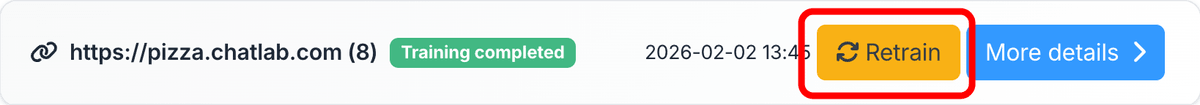 Website training card with Retrain button highlighted