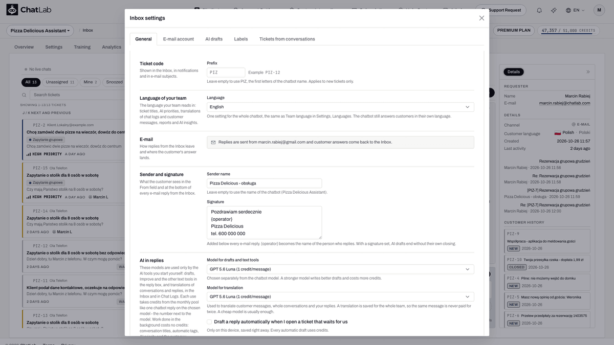 General tab of Inbox settings