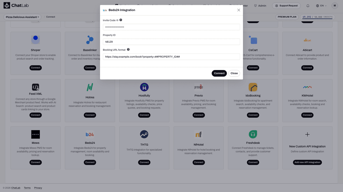 Modulo di integrazione Beds24 con i campi Invite Code, Property ID e Booking URL format