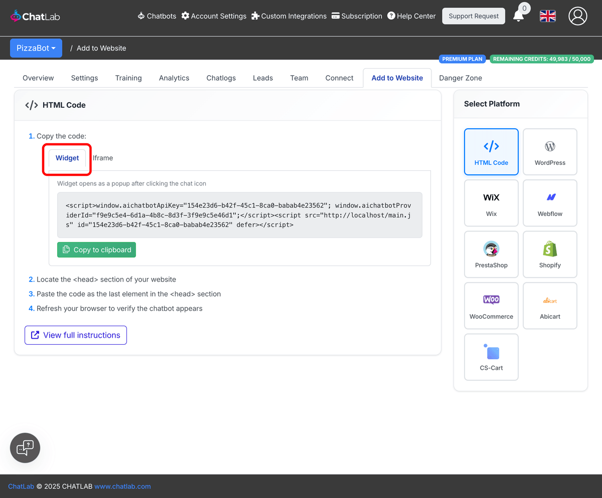 Widget tab selected in Add to Website