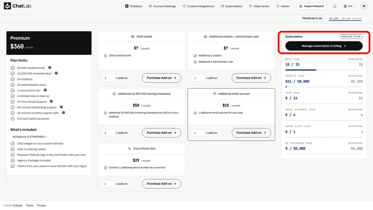 Subscription page showing Manage subscription button
