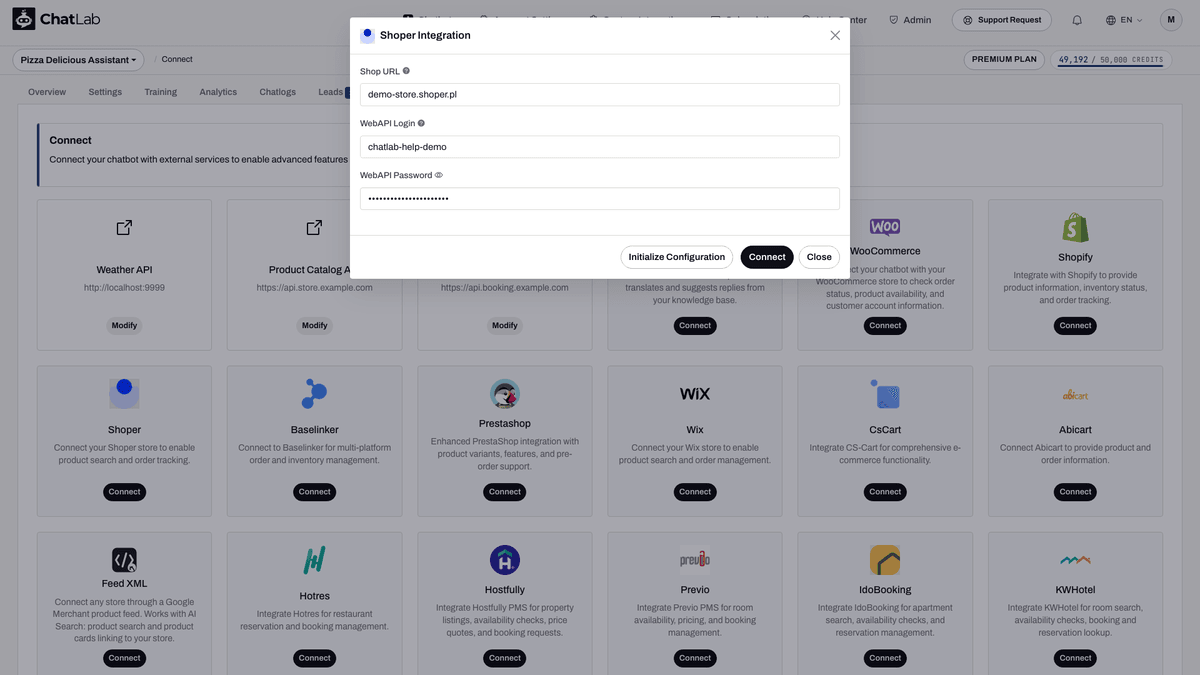 Modulo di integrazione Shoper con i campi per URL del negozio, login e password