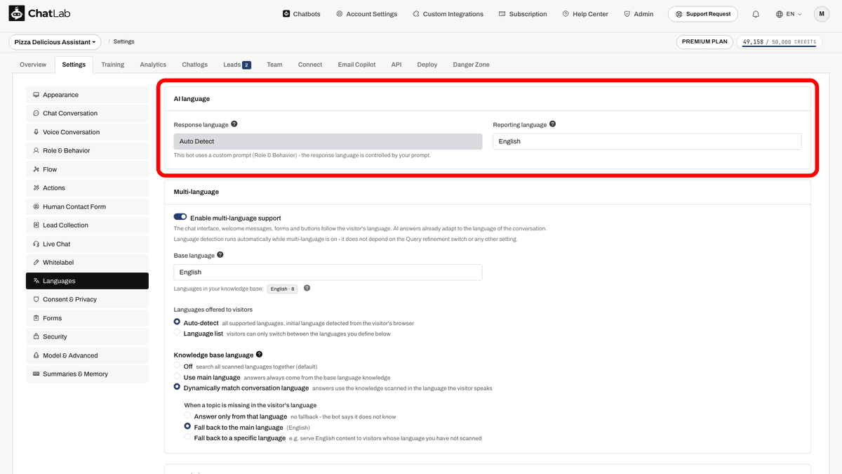 Reporting language field in Settings > Languages