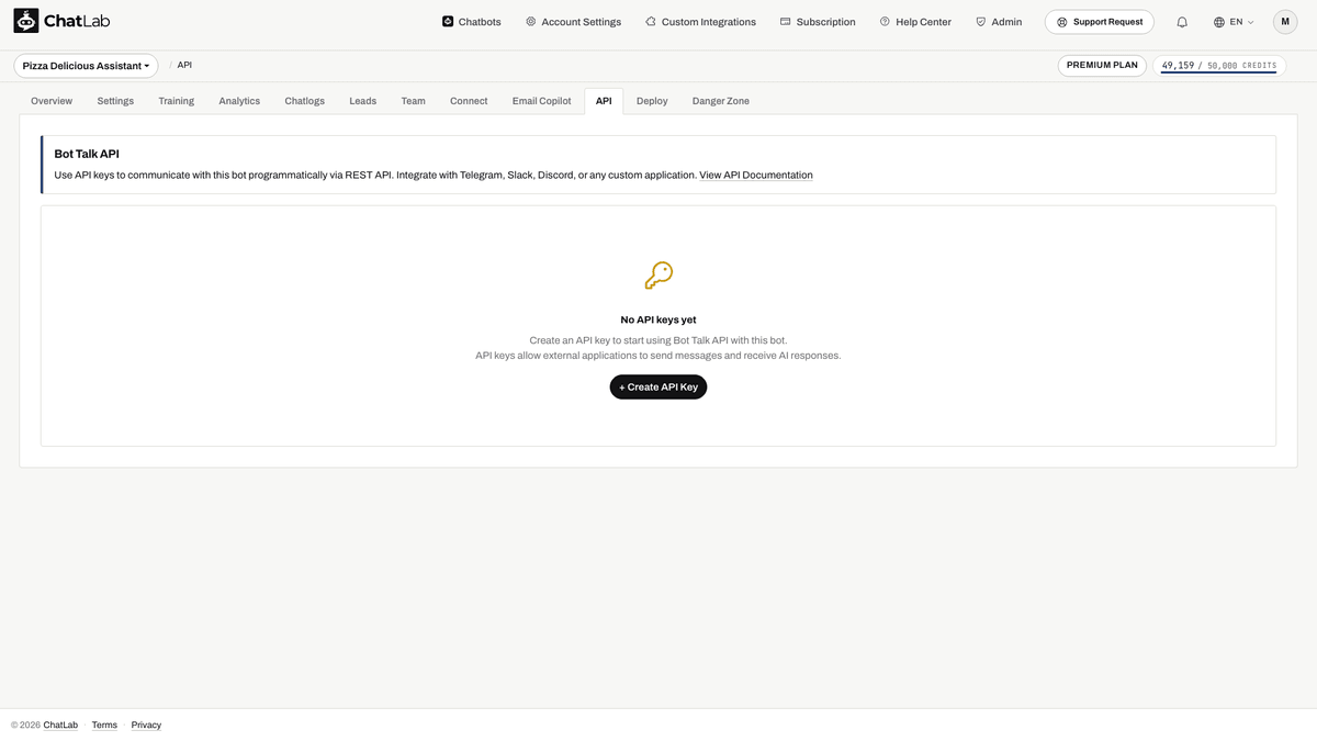 Bot Talk API sekmesi