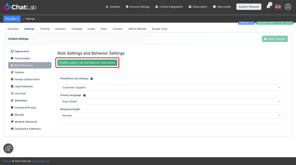 Enable custom instructions button