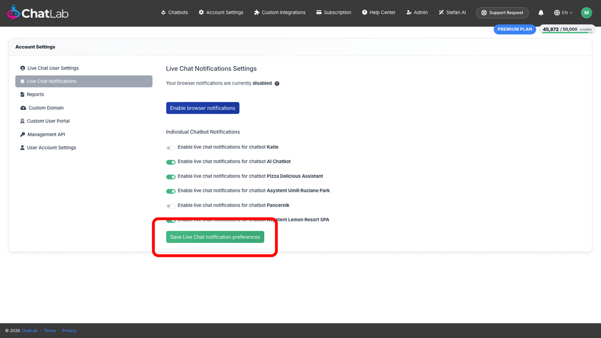 Live Chat Notifications Settings page
