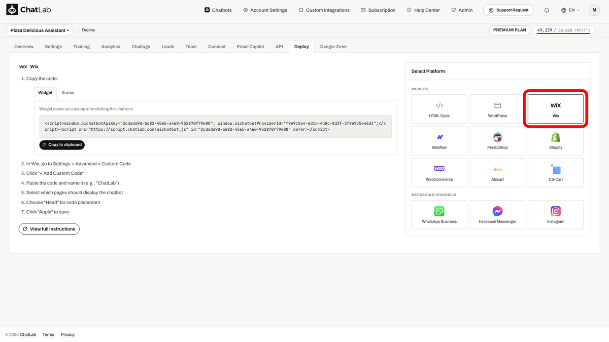 Deploy tab with Wix selected