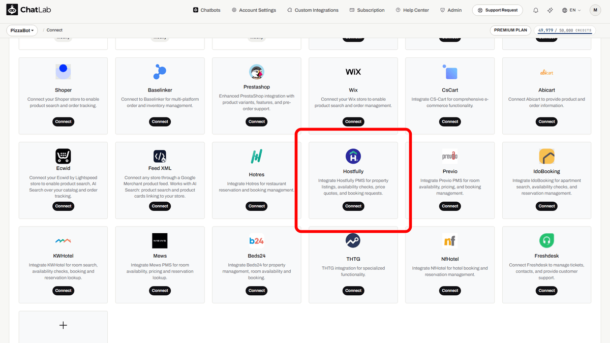Connect tab with the Hostfully integration tile highlighted