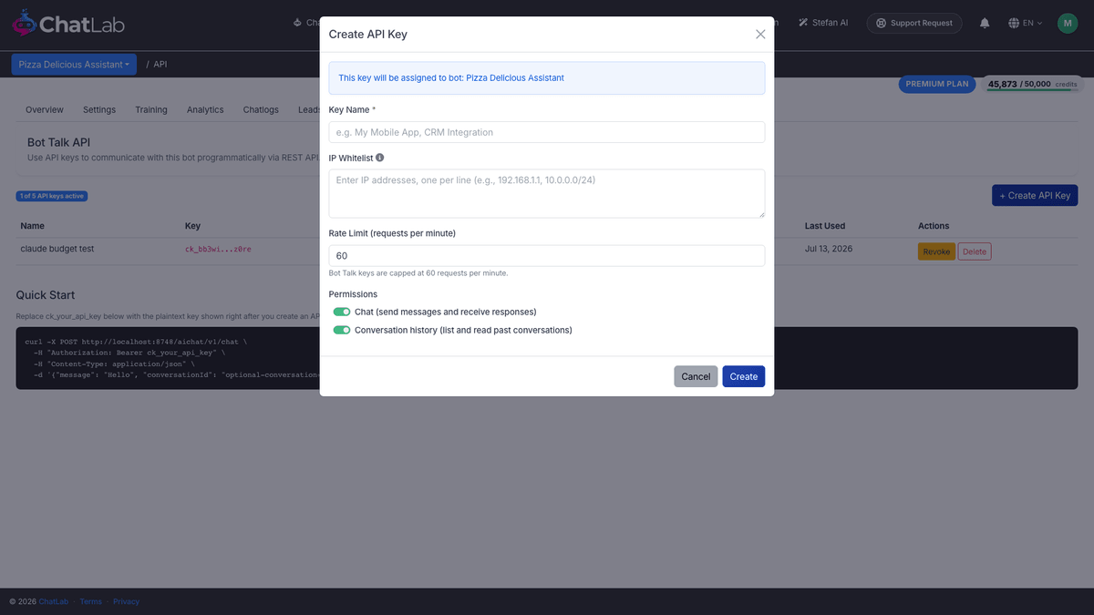 Create API Key dialog