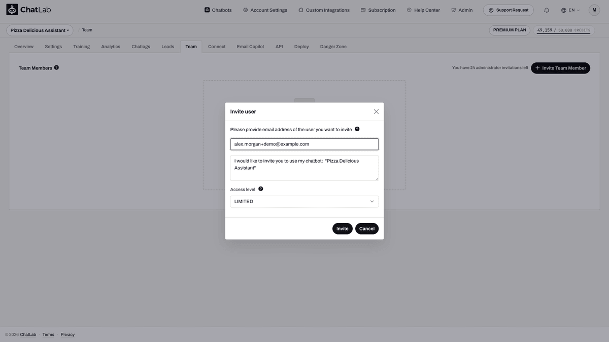 Invitation modal filled with email and access level selected