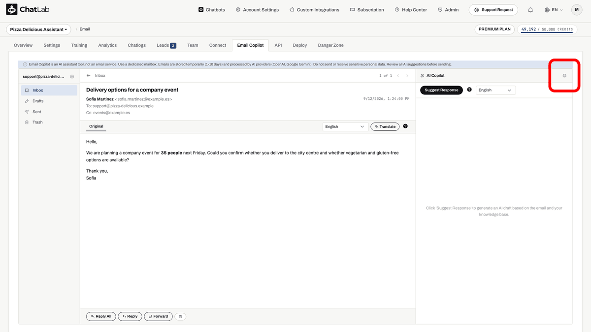 Gear icon in the AI Copilot panel header opens Copilot Settings|width=40