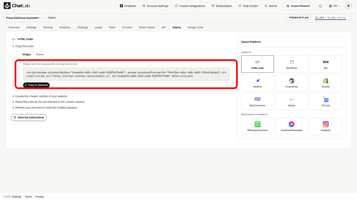 Embed code on the Deploy tab