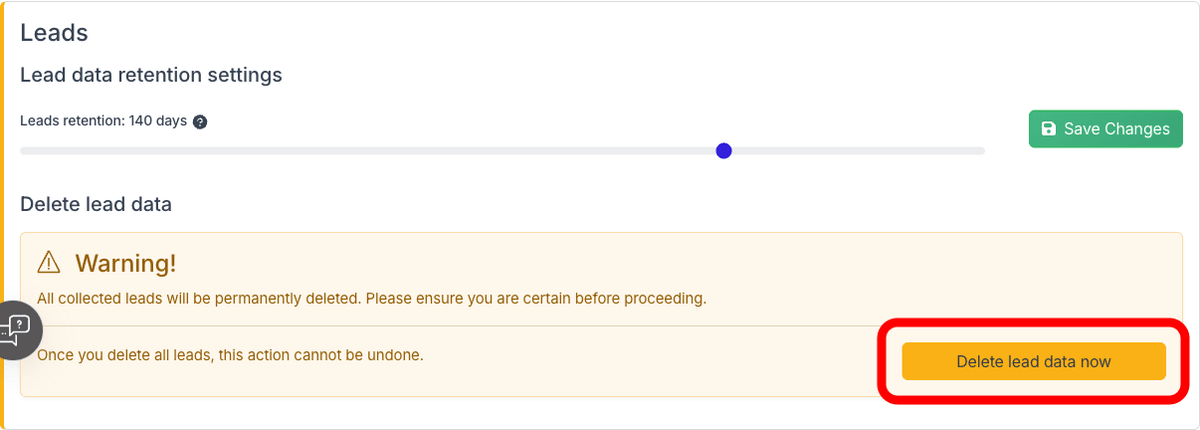 Leads section with retention slider and delete button