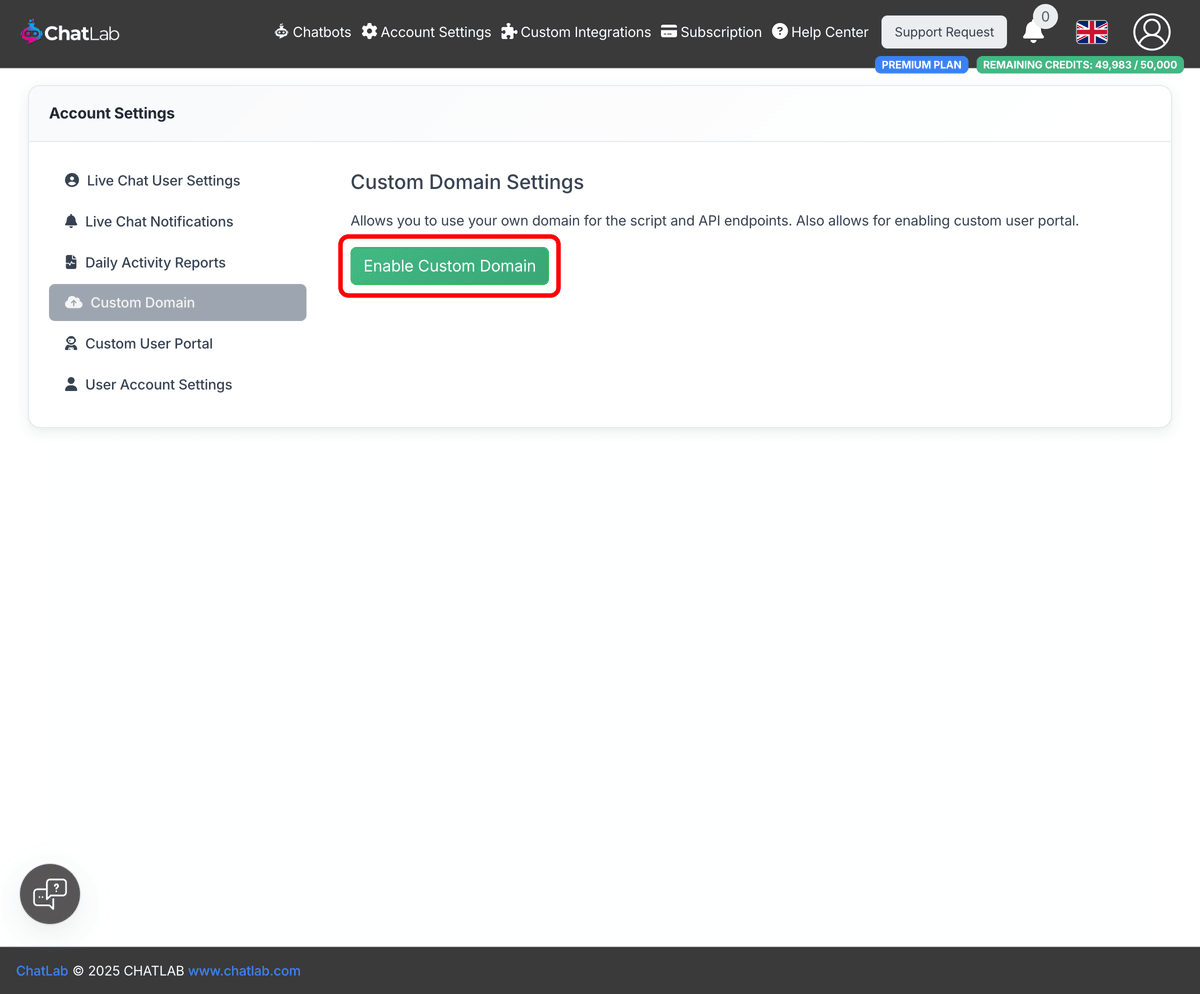 Enable Custom Domain button