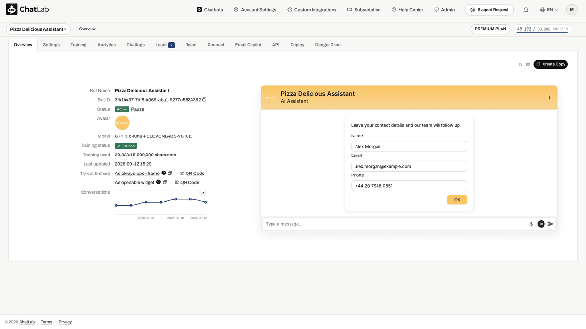 Lead collection form in the chat widget|width=60