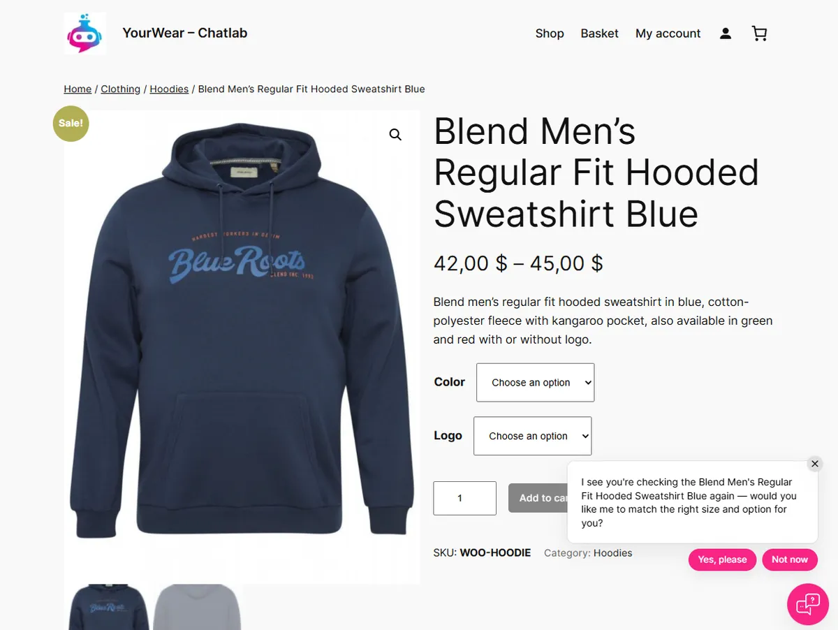 Proactive message on a product page