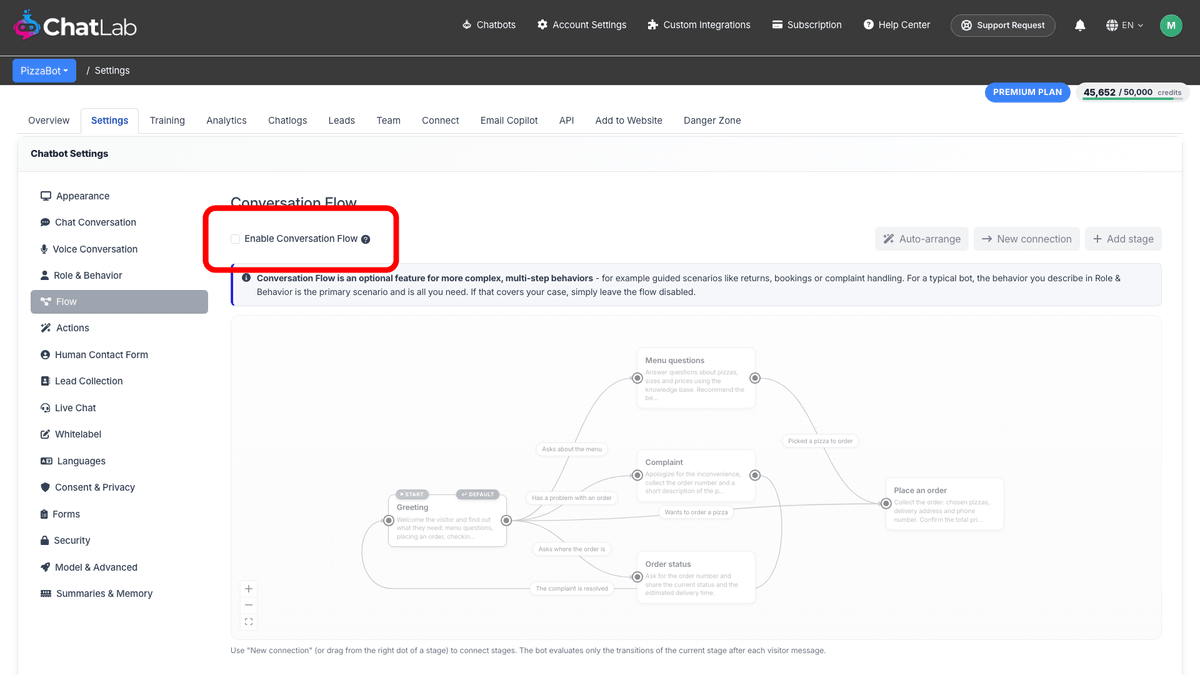 Enable Conversation Flow checkbox