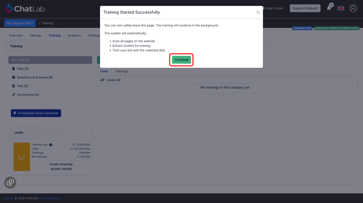Training started confirmation