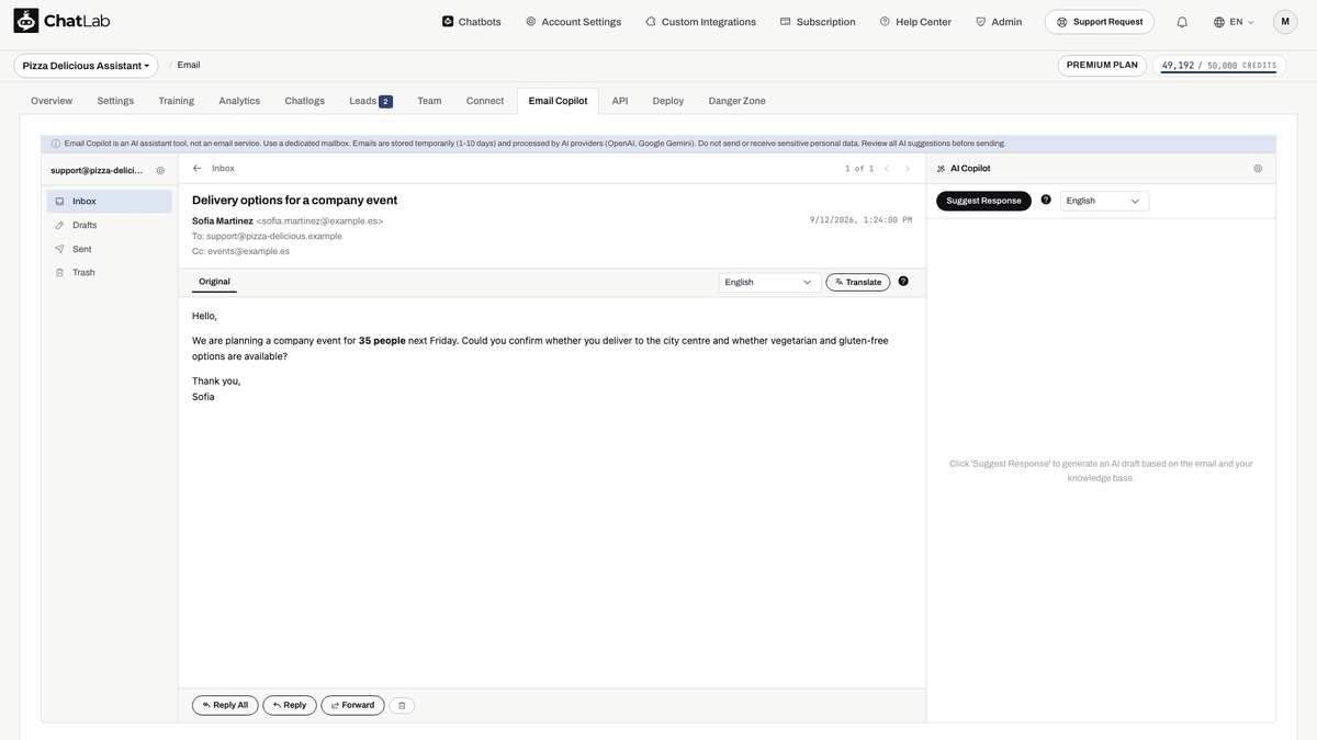 Email detail view showing sender, subject, body, and action buttons