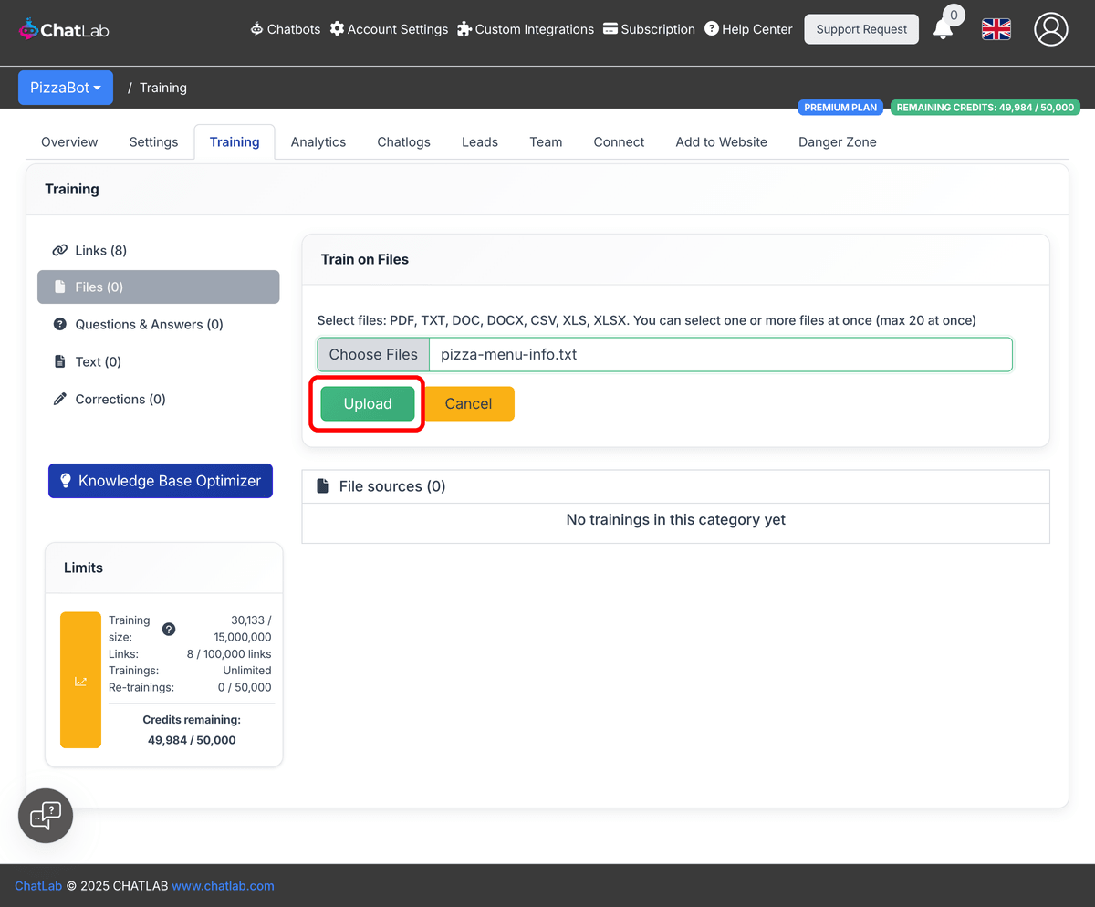 Upload button with file selected