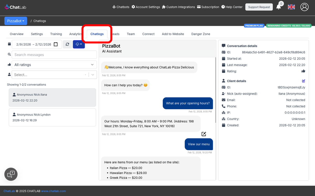 Chatlogs tab in the bot navigation