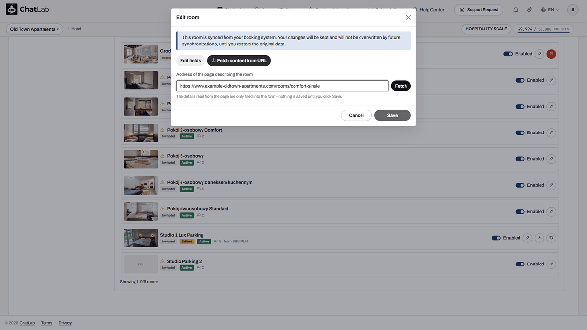 Formulář pro úpravu pokoje přepnutý na Fetch content from URL