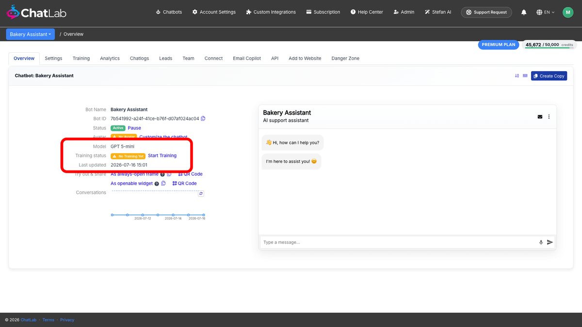 Manual Setup - overview of the new empty chatbot