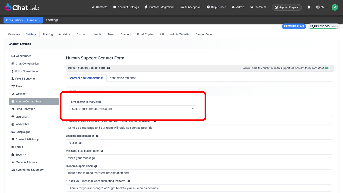 Human Contact Form - Behavior and form settings tab