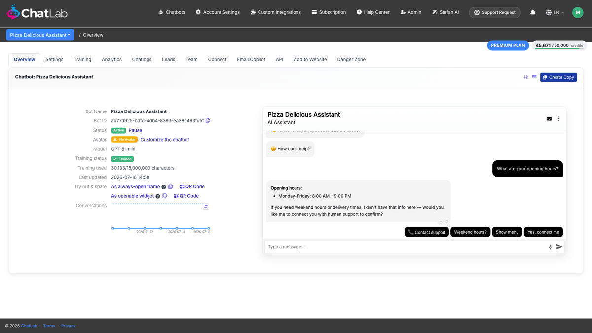 Chatting with the newly trained chatbot in the Overview chat tester