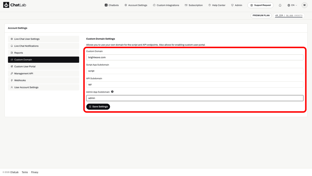 Custom domain form filled with example values